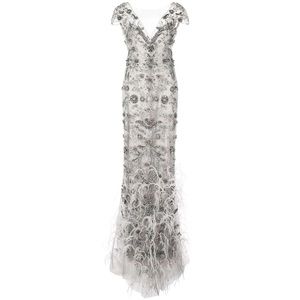 Silver gown dress with feathers